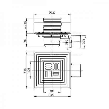 Фото Сливной трап AlcaPlast APV3344 105x105/50/75 гидрозатвор мокрый/сухой