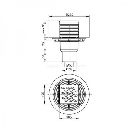 Фото Сливной трап AlcaPlast APV202 105x105/50/75 с гидрозатвором