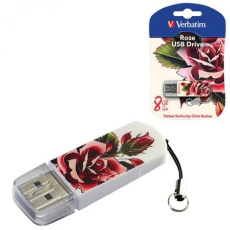 Фото Флэш-диск 8 GB, VERBATIM Mini Tattoo Edition Rose, USB 2.0, белый с рисунком