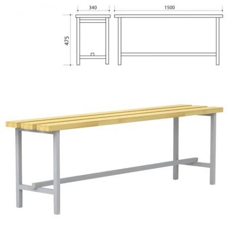 Фото Скамья для раздевалок, 1500х340х475 мм, каркас металлический серый, сиденье дерево