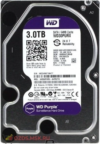 Фото Western Digital WD30PURX Purple для видеорегистраторов 3Tb 64Mb SATA-III: Жесткий диск