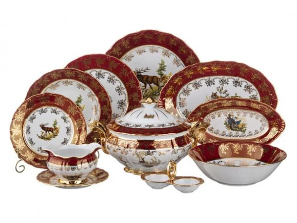 Фото Столовый сервиз на 6 персон 27 пр."охота красная" Bohemia Porcelan (655-180)