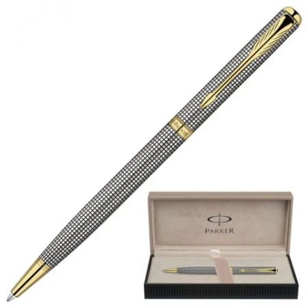 Фото Ручка шариковая PARKER "Sonnet Chiselled Silver GT Slim", корпус серебро, позолоченные детали, черная