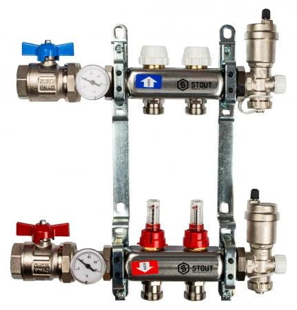 Фото Коллектор Stout из нержавеющей стали в сборе с расходомерами 2 выхода