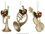 фото Декоративное изделие труба, скрипка, валторна с листьями и ягодами золотой глиттер 9х1 см.высота