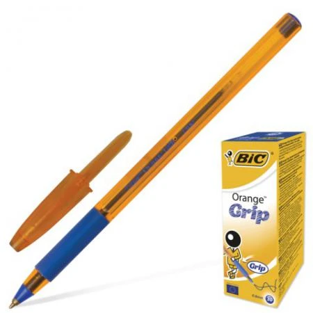 Фото Ручка шариковая BIC "Orange Grip" (Франция), корпус оранжевый, синие детали, резиновый держатель, 0,3 мм, синяя