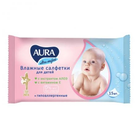 Фото Салфетки влажные, 15 шт., для детей, AURA "Ultra comfort", универсальные, очищающие, гипоаллергенные, без спирта