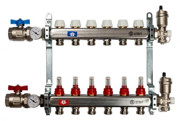 Фото Коллектор Stout из нержавеющей стали в сборе с расходомерами 6 выходов