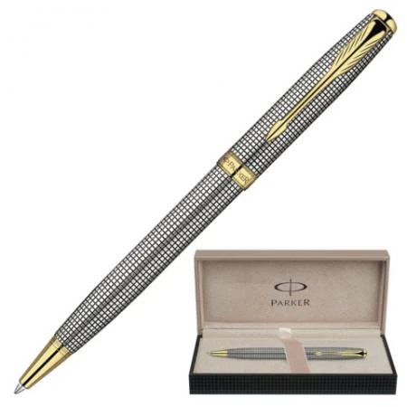 Фото Ручка шариковая PARKER "Sonnet Chiselled Silver GT", корпус серебро, латунь, позолоченные детали, синяя