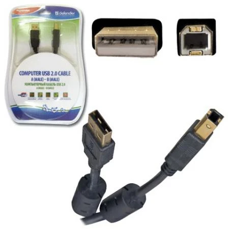 Фото Кабель USB 2.0 AM-BM, 3 м, DEFENDER, 2 фильтра, для подключения принтеров, МФУ и периферии