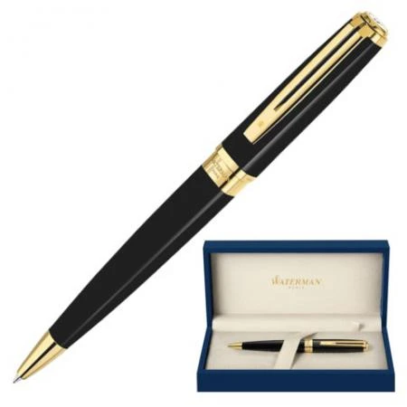 Фото Ручка шариковая WATERMAN "Exception Black GT Slim", корпус нержавеющая сталь, позолоченные детали, синяя