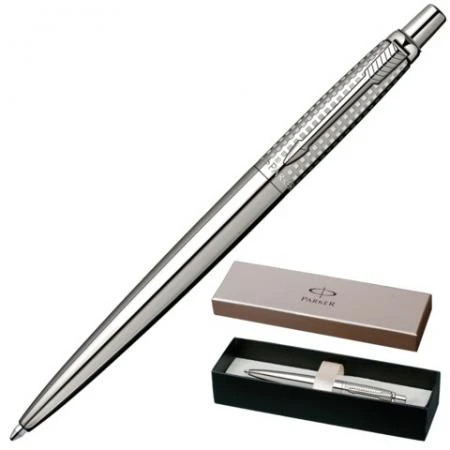 Фото Ручка шариковая PARKER "Jotter Premium Shiny Stainless Steel Chiselled CT", нержавеющая сталь, хромированные детали, синяя