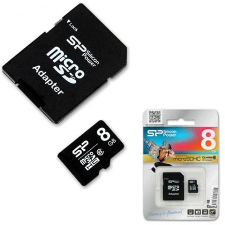 Фото Карта памяти micro SDHC 8Gb SILICON POWER, скорость передачи данных 6 Мб/сек. (class 6), с адаптером