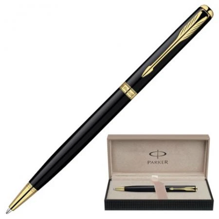 Фото Ручка шариковая PARKER "Sonnet Black Lacquer GT Slim", корпус черный, латунь, позолоченные детали, черная