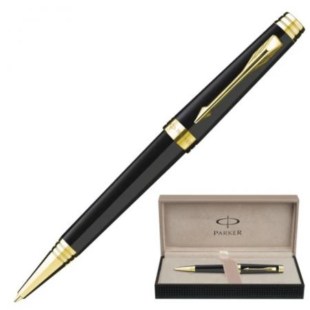 Фото Ручка шариковая PARKER "Premier Deep Black Lacquer GT", корпус латунь, лак, позолоченные детали, синяя