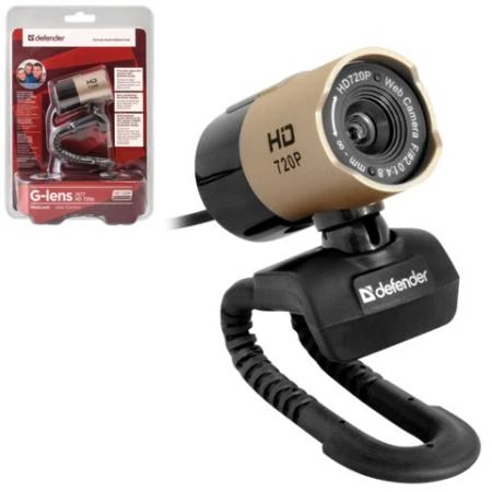 Фото Веб-камера DEFENDER G-lens 2577 HD 720 p, 2 Мп, микофон, USB2.0, регулируемое крепление, золотистая + черная