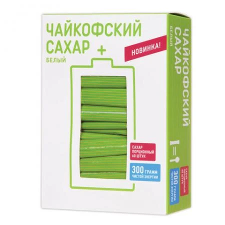 Фото Сахар в стиках "Чайкофский", 5 г, белый, порционный, 60 пакетиков, 0,3 кг, картонная упаковка