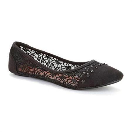 Фото Twisted Womens Lindsay Floral Crochet Ballet Flat with Pointy Pyramid Studded Faux Suede Round Cap Toe