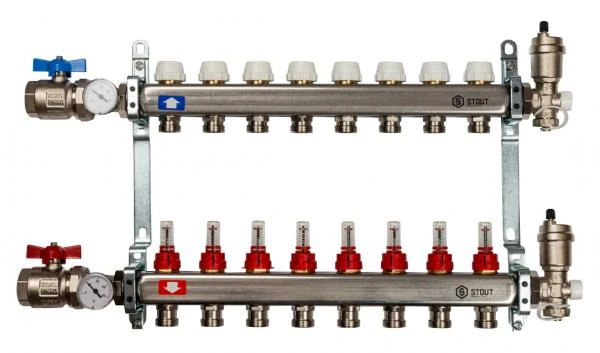 Фото Коллектор Stout из нержавеющей стали в сборе с расходомерами 8 выходов
