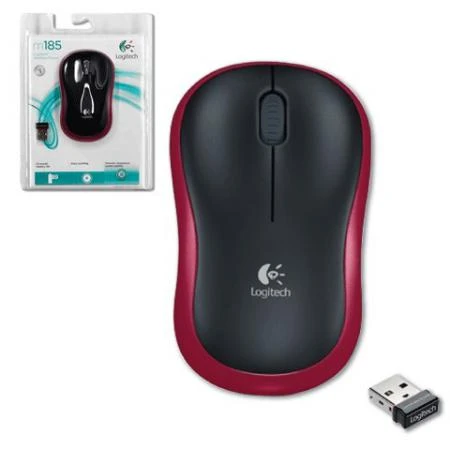 Фото Мышь беспроводная LOGITECH M185, 2 кнопки + 1 колесо-кнопка, оптическая, черно-красная