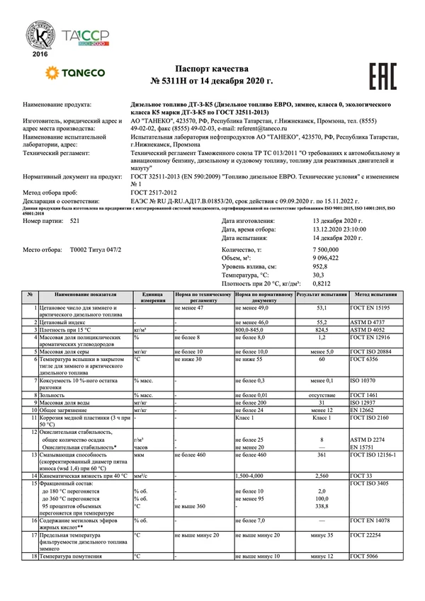 Фото Топливо дизельное ЕВРО ТАНЕКО, зимнее, класса 0,  ДТ-З-К5 – 45 724 р/тн