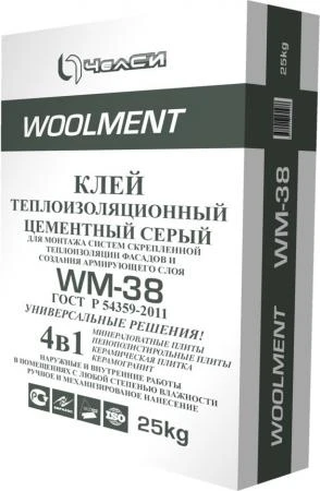 Фото Клей ЧелСи теплоизоляционный цементный серый WOOLMENT WM-38 25кг