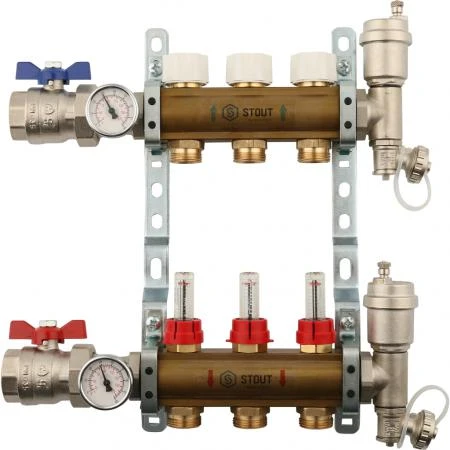 Фото STOUT Распределительный коллектор из латуни с расходомерами 3 вых.
