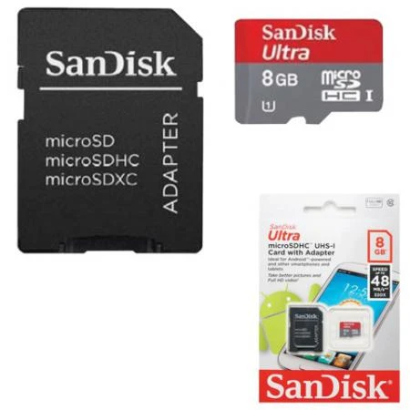 Фото Карта памяти micro SDHC, 8 GB, SANDISK Ultra Android, скорость передачи данных 48 Мб/сек. (class 10), с адаптером