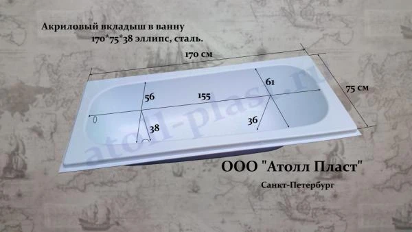 Фото Акриловый вкладыш в стальную ванну 1.7 эллипс глубиной 38 см