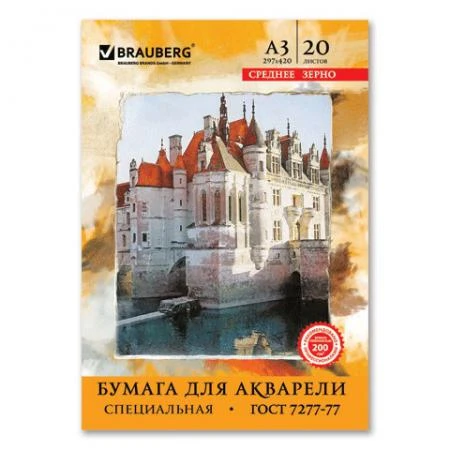 Фото Папка для акварели А3, 297х420 мм, 20 л., BRAUBERG (БРАУБЕРГ), вн. блок 200 г/м2, ГОСТ 7277-77