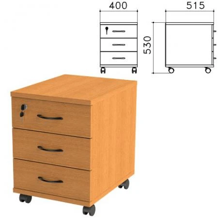 Фото Тумба подкатная "Фея", 400х515х530 мм, 3 ящика, замок, цвет орех милан, ТФ07.5