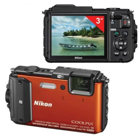 Фото Фотоаппарат компактный NIKON CoolPix AW130, 16 Мп, 5хzoom, 3" ЖК-монитор, Full HD, водонепроницаемый, оранжевый