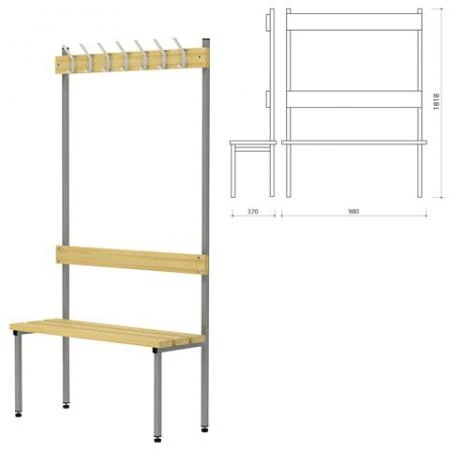 Фото Вешалка со скамьей, 1818х980х370 мм, 7 крючков, каркас металлический серый, сиденье - дерево