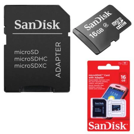 Фото Карта памяти micro SDHC, 16 GB, SANDISK, скорость передачи данных 4 Мб/сек. (class 4), с адаптером