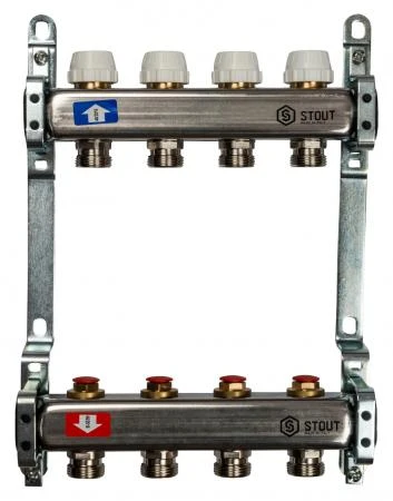Фото Коллектор Stout из нержавеющей стали с запорными кранами 4 выхода