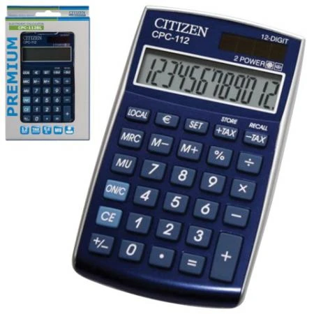 Фото Калькулятор CITIZEN карманный CPC-112BLWB, 12 разрядов, двойное питание, 120х72 мм, синий