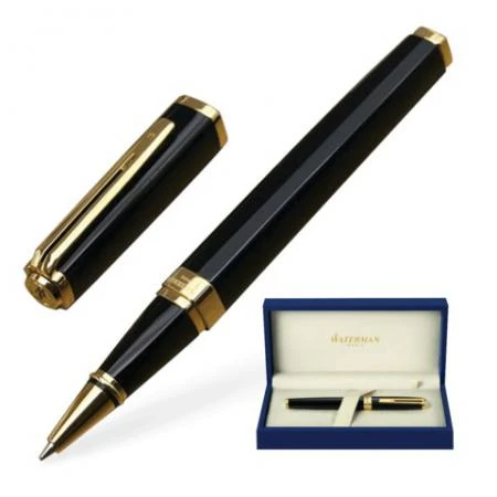 Фото Ручка-роллер WATERMAN "Exception Black GT Slim", корпус нержавеющая сталь, позолоченные детали, черная