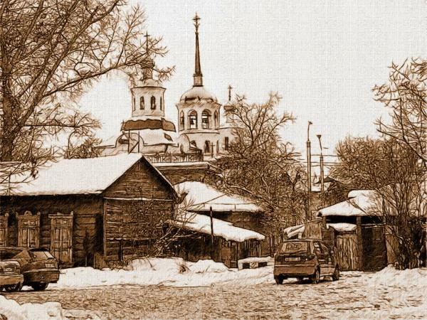 Фото "Харлампиевская церковь в Иркутске", холст/сепия, 21х30