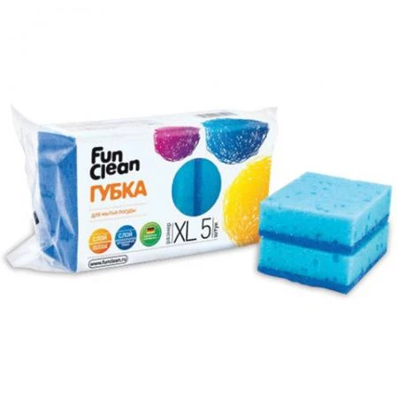 Фото Губки бытовые для мытья посуды FUN CLEAN XL, комплект 5 шт., чистящий слой, 25х100х70 мм