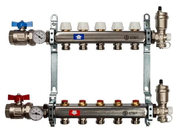 Фото Коллектор Stout из нержавеющей стали в сборе с запорными кранами 5 выходов