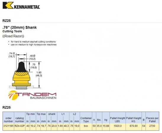 Фото Резец дорожный Kennametal RZ25 (RZ4-02P)