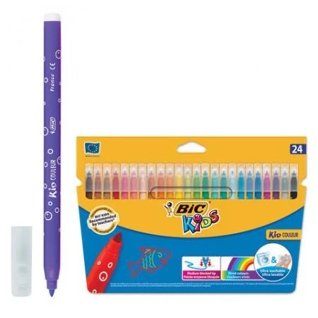 Фото Фломастеры BIC "Kid Couleur" (Франция), 24 цв., суперсмываемые, вентилируемый колпачок, картонная упаковка, европодвес