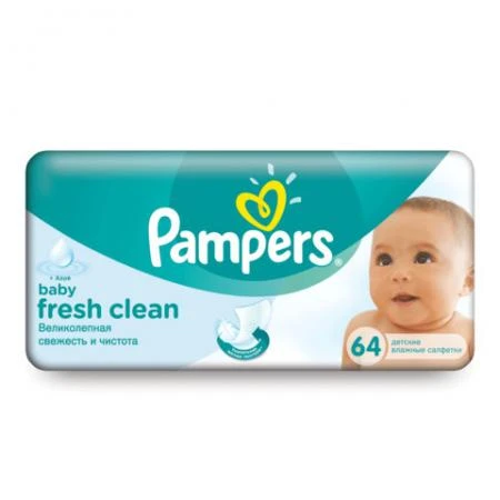 Фото Салфетки влажные, 64 шт., PAMPERS (Памперс) "Baby Fresh Clean", для нежного очищения