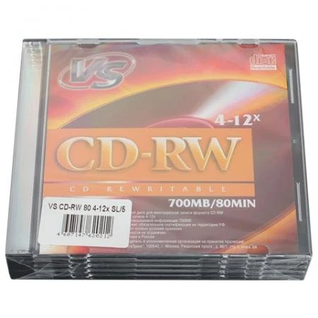 Фото Диски CD-RW VS, 700 Mb, 4-12x, Slim Case, комплект 5 шт.