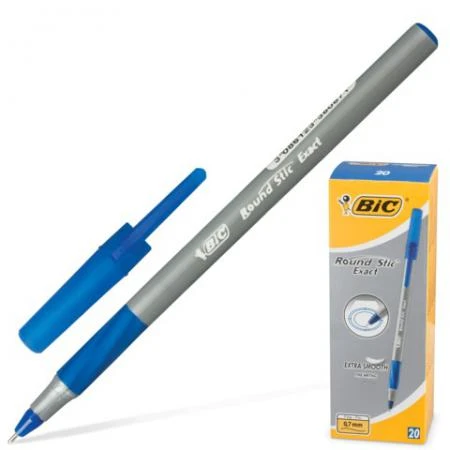 Фото Ручка шариковая BIC "Round Stic Exact" (Франция), корпус серый, синие детали, толщина письма 0,35 мм, синяя