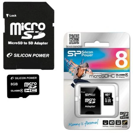 Фото Карта памяти micro SDHC 8 GB SILICON POWER, скорость передачи данных 4 Мб/сек. (class 4), с адаптером