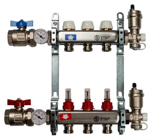 Фото Коллектор Stout из нержавеющей стали в сборе с расходомерами 3 выхода