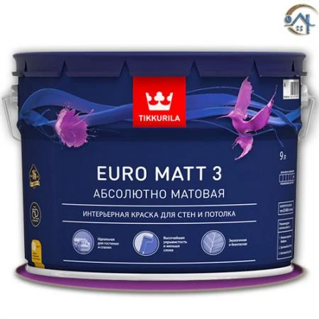 Фото Краска Tikkurila Euro Matt 3 A для стен и потолков, 9 л.