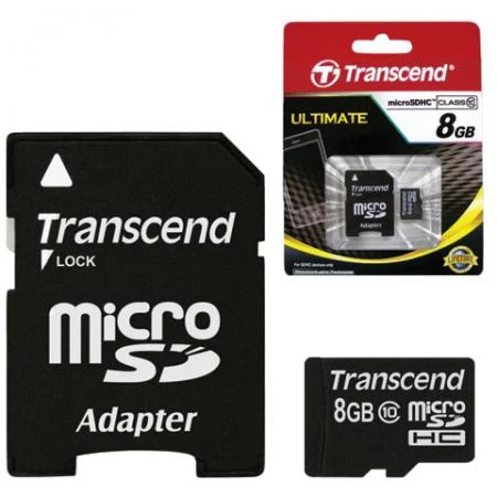 Фото Карта памяти micro SDHC 8 GB TRANSCEND, скорость передачи данных 10 Мб/сек. (class 10), с адаптером