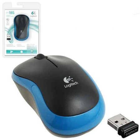 Фото Мышь беспроводная LOGITECH M185, 2 кнопки + 1 колесо-кнопка, оптическая, черно-синяя